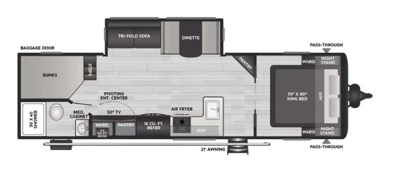 Plan détaillé de la roulotte Coleman 2900BH incluant lit King, lits superposés, cuisine avec friteuse à air et salon en extension.