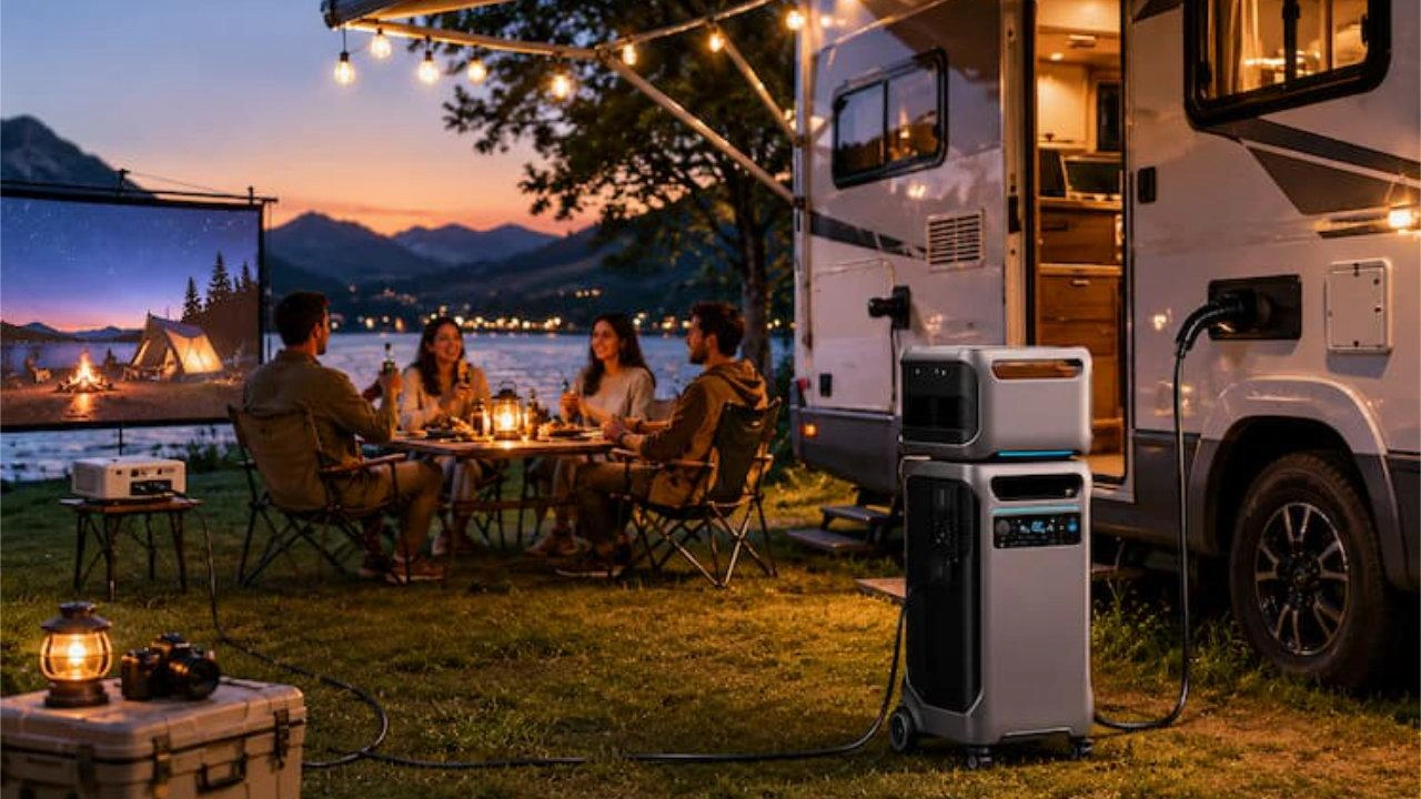 Panneau électrique de roulotte ouvert montrant le centre de distribution et le convertisseur