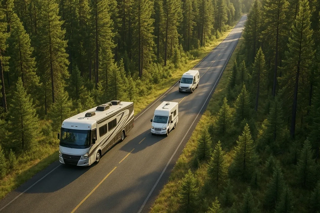 Trois véhicules récréatifs sur une route dans les bois.