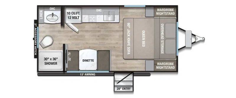 Plan de plancher de l’Alliance Delta Solo RB152 avec lit queen et dinette.