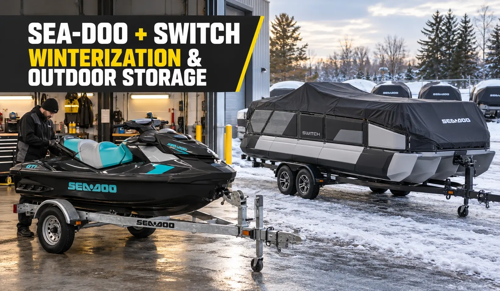 Photo of a Sea-Doo and Switch Pontoon being winterized