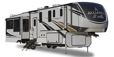 Vue 3/4 avant de la caravane à sellette Alliance Paradigm 310RL