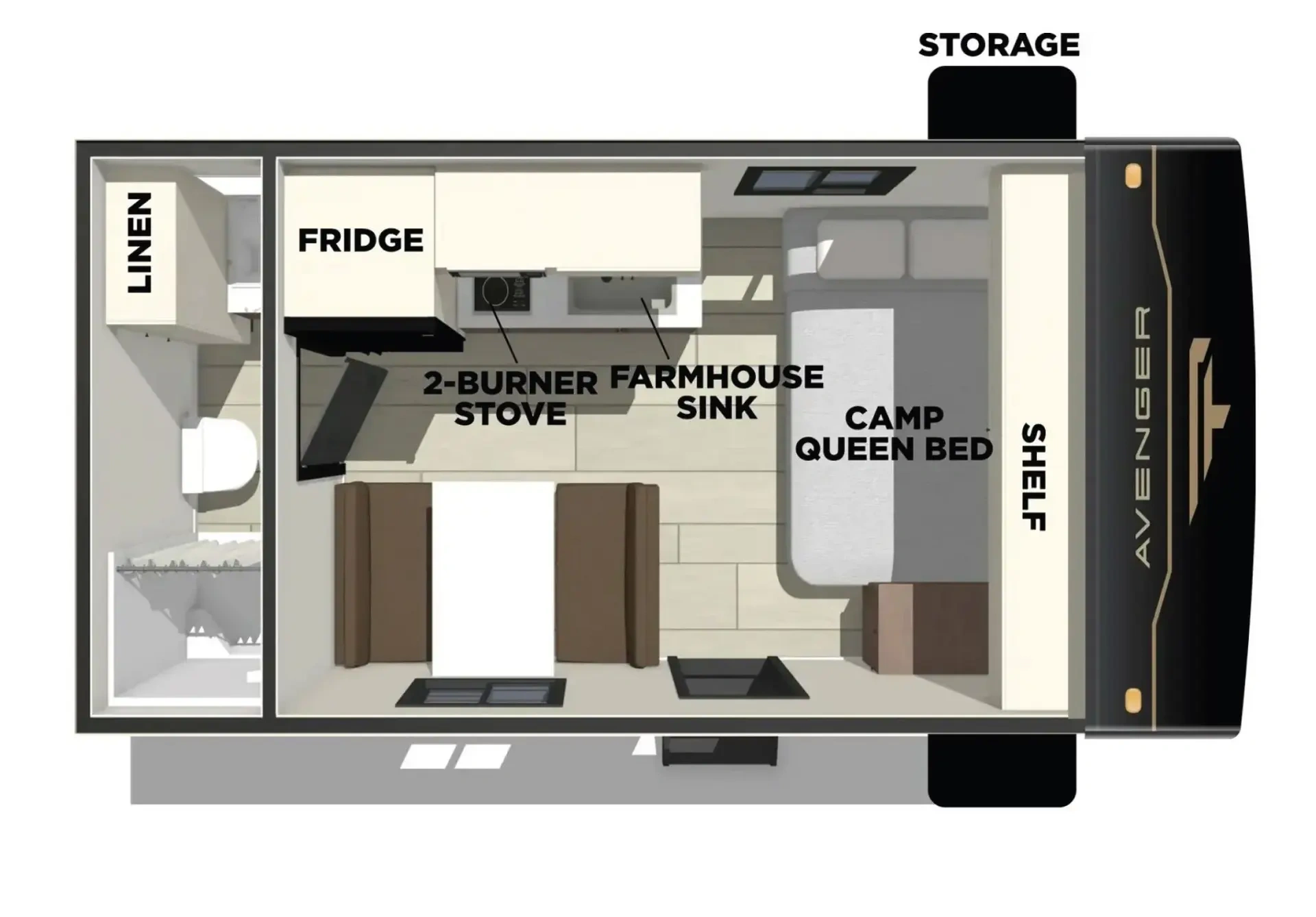Plan intérieur d'une roulotte Prime Time Avenger LT 16FQ Dusk