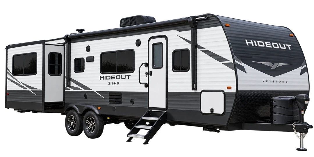 Vue 3/4 arrière de la roulotte Keystone Hideout TT 31BHS