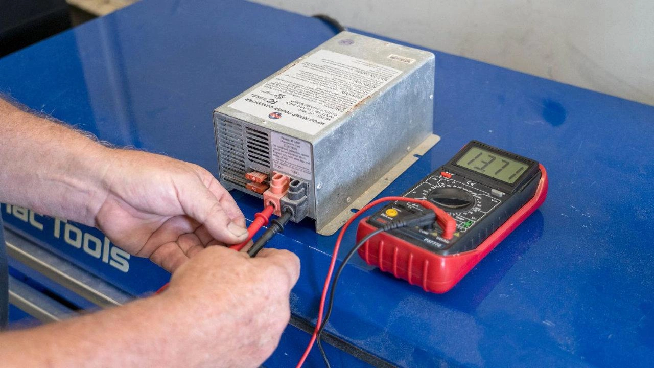 Détail des composants internes et des connexions électriques d'un convertisseur de roulotte