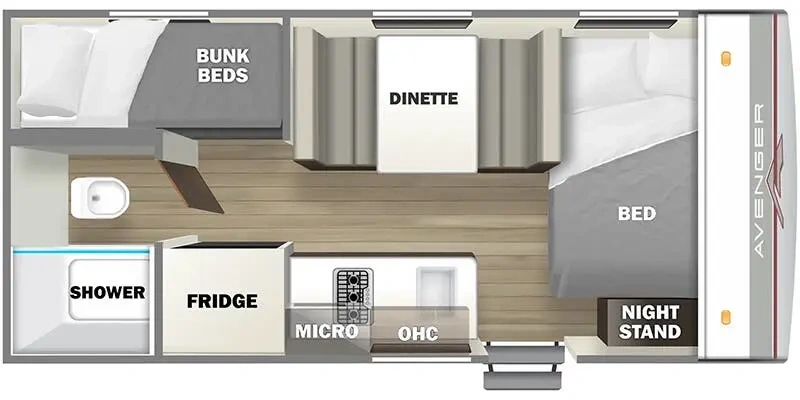 Plan intérieur d'une roulotte Prime Time Avenger LT 16BH Dusk