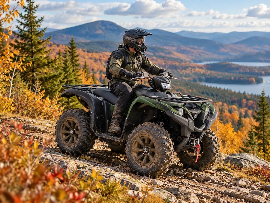 Pilote sur un VTT Yamaha Grizzly 700 en sentier avec vue sur un lac en automne.