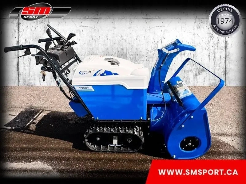Side view of the Willbe YS1028 gas snowblower with its tracks and blue discharge chute.