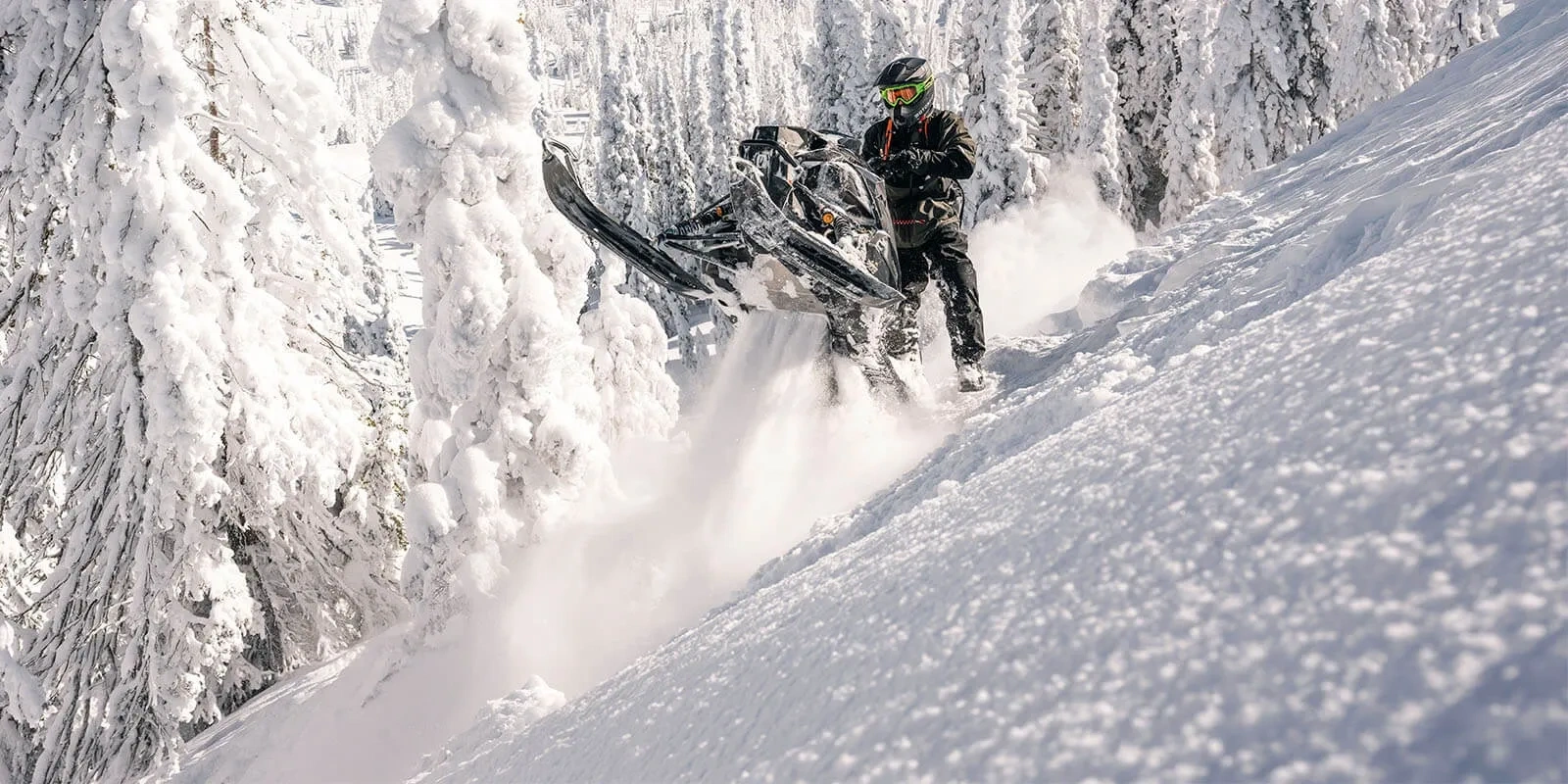 Arctic Cat M 600 Sno Pro mountain snowmobile in deep snow on a wooded slope.