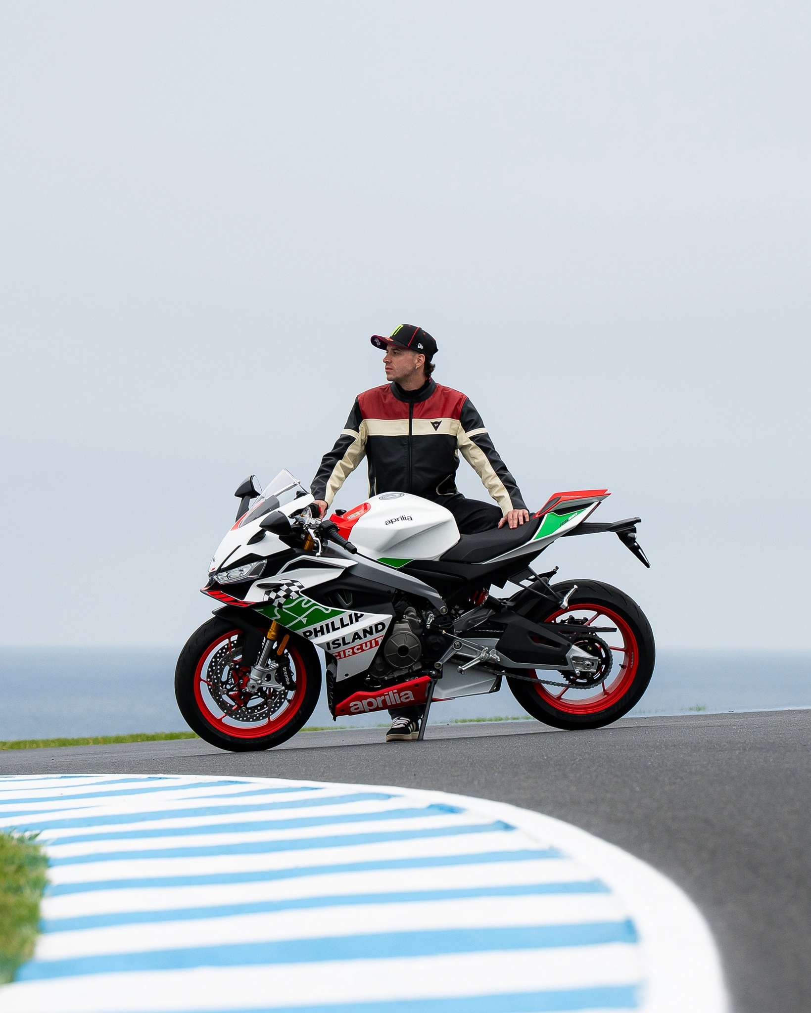 Side profile of the Aprilia RS 660 Phillip Island Tribute showing its exclusive white green and red livery