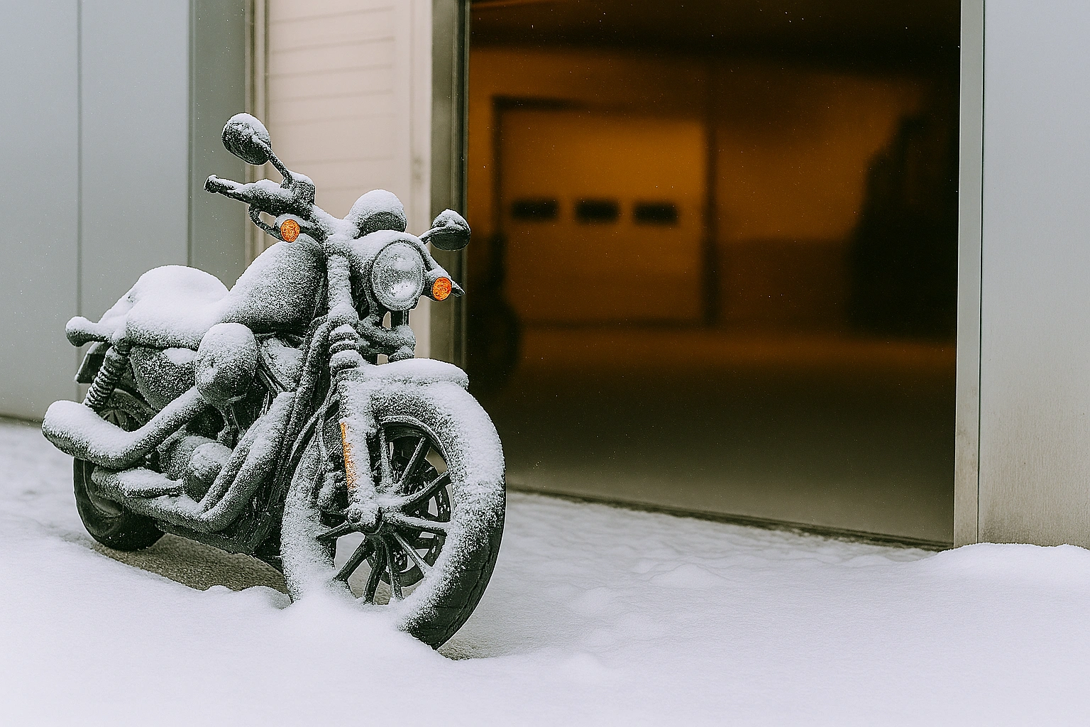 Motorcycle covered in snow outside a garage