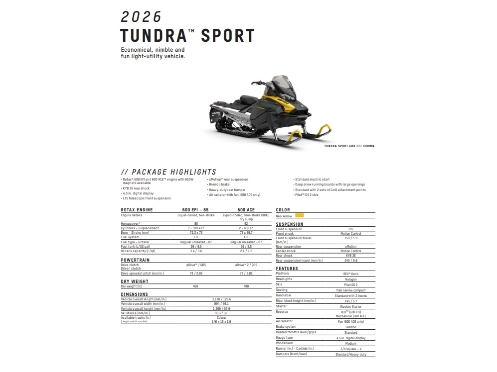 2026 Ski-doo Tundra Sport 600 Ace Cobra 1.6" E.s. alt