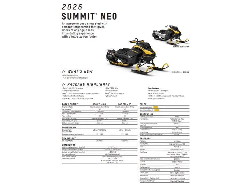 2026 Ski-Doo SUMMIT NEO+ 600 EFI Hurricane FlexEdge 1.75" E.S. LAC