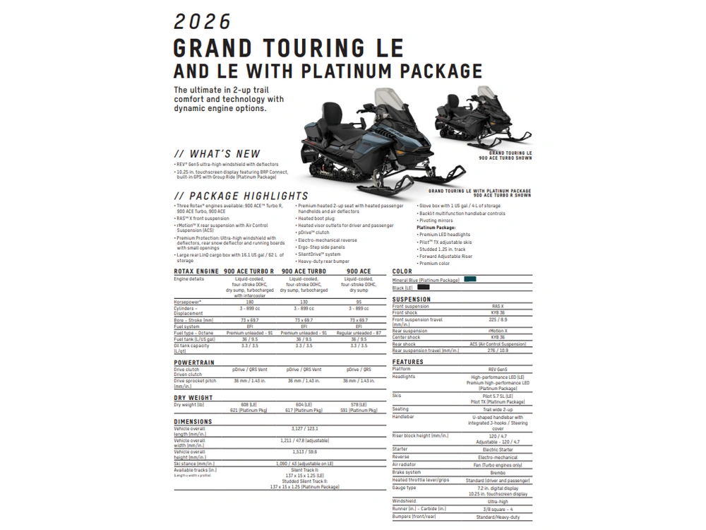 2026 Ski-doo Grand Touring Le 900 Ace Turbo R Silent Track Ii 1.25" E.s. alt