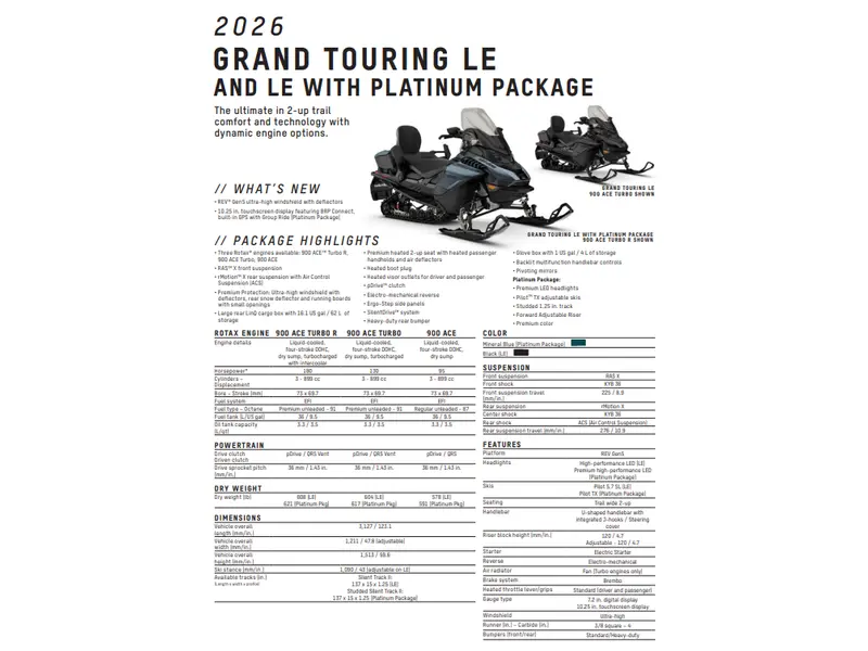 2026 Ski-Doo GRAND TOURING LE 900 ACE Turbo R Silent Track II 1.25" E.S.