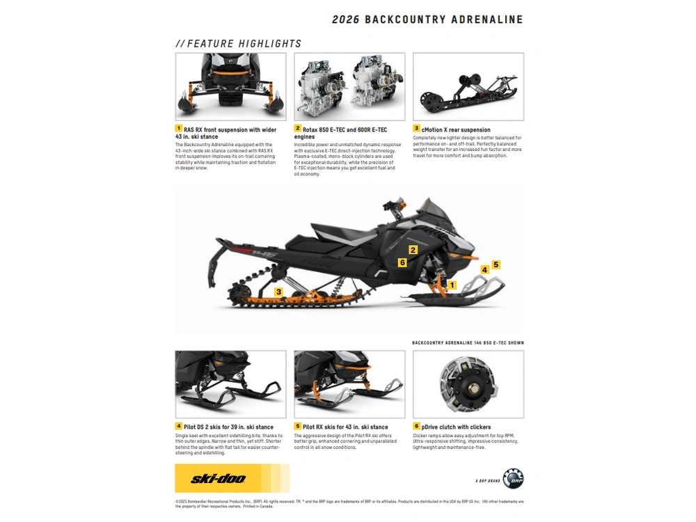 2026 Ski-doo Backcountry Adrenaline (39") 850 E-tec Powdermax 2.0" E.s. alt