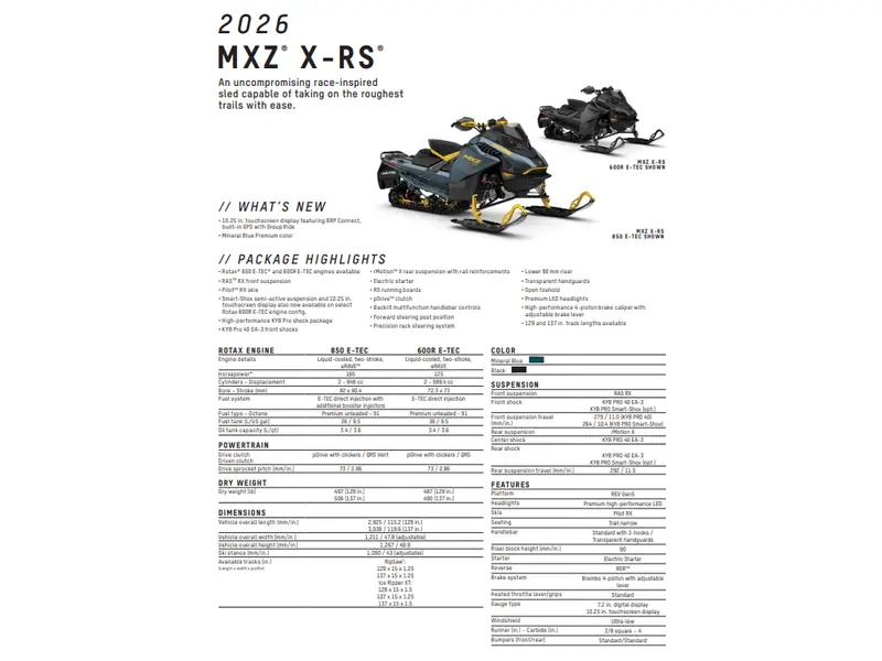 2026 Ski-Doo MXZ X-RS 137 850 E-TEC Ice Ripper XT 1.25" E.S.  w/ 10.25" Touchscreen