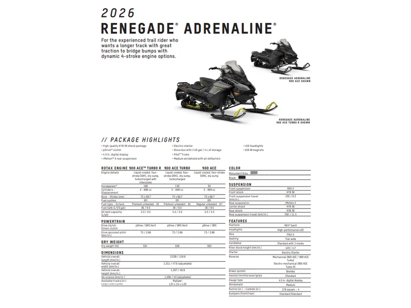 2026 Ski-Doo RENEGADE ADRENALINE 900 ACE RipSaw 1.25" E.S.