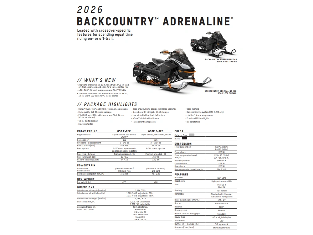 2026 Ski-doo Backcountry Adrenaline (39") 850 E-tec Powdermax 2.0" E.s. alt