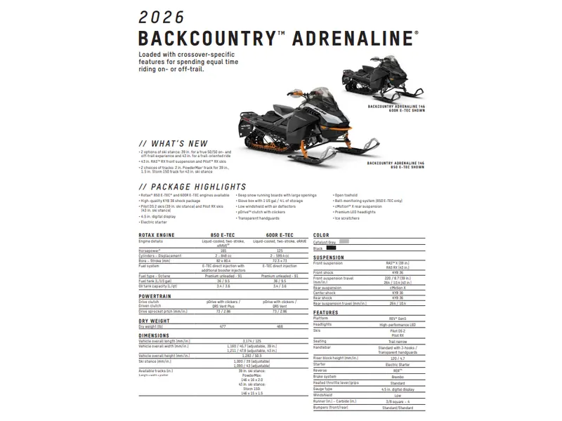 2026 Ski-Doo BACKCOUNTRY ADRENALINE (39") 850 E-TEC PowderMax 2.0" E.S.