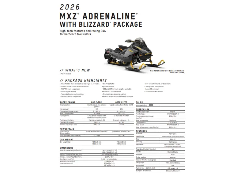 2026 Ski-Doo MXZ ADR w/ BLIZZARD Pkg 137 850 E-TEC Ice Ripper XT 1.25" E.S.