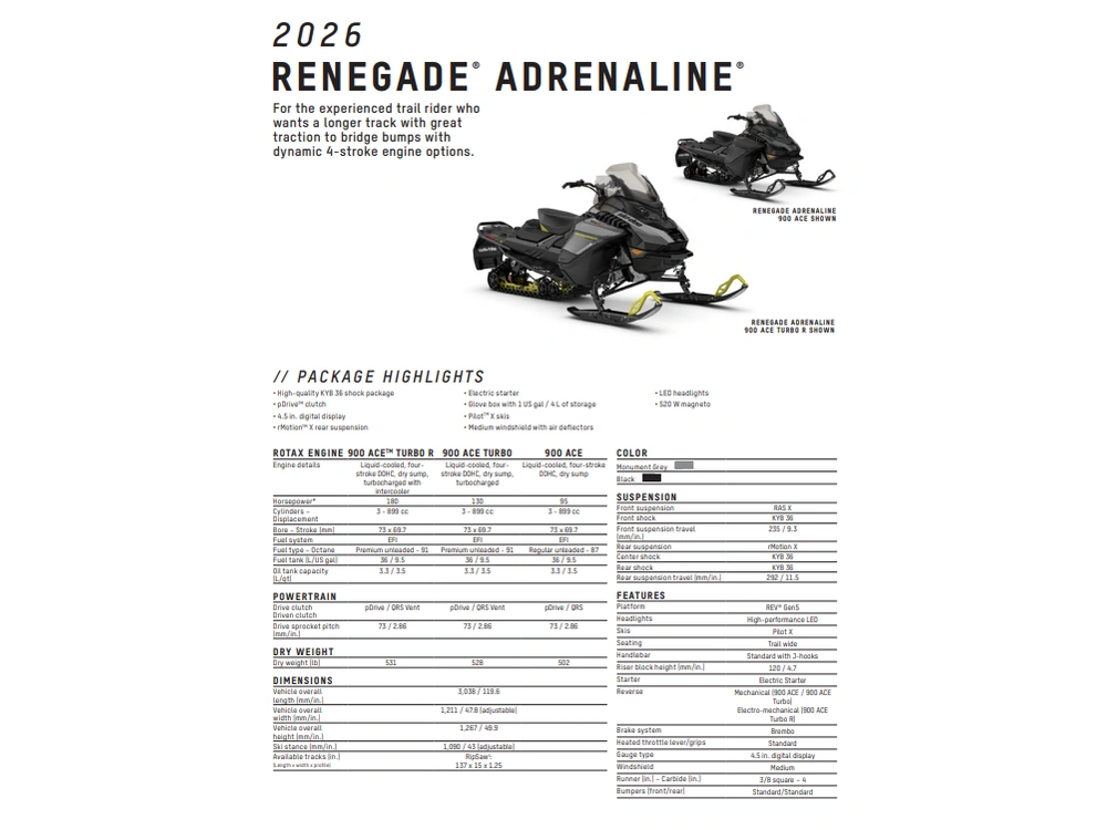 2026 Ski-doo Renegade Adrenaline 900 Ace Turbo Ripsaw 1.25" E.s. alt