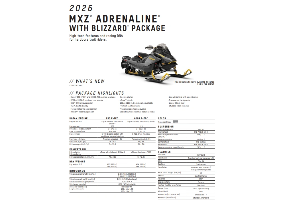 2026 Ski-doo Mxz Adr W/ Blizzard Pkg 137 600r E-tec Ice Ripper Xt 1.25" E.s. alt