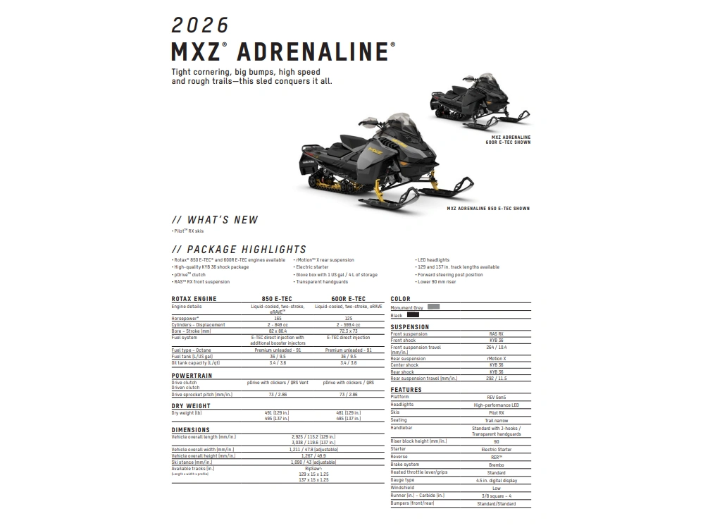 2026 Ski-doo Mxz Adrenaline 129 850 E-tec Ripsaw 1.25" E.s. alt