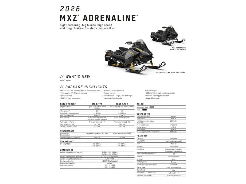 2026 Ski-Doo MXZ ADRENALINE 129 850 E-TEC RipSaw 1.25" E.S.