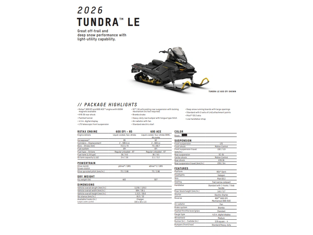 2026 Ski-doo Tundra Le 600efi 1.6" Es Black alt