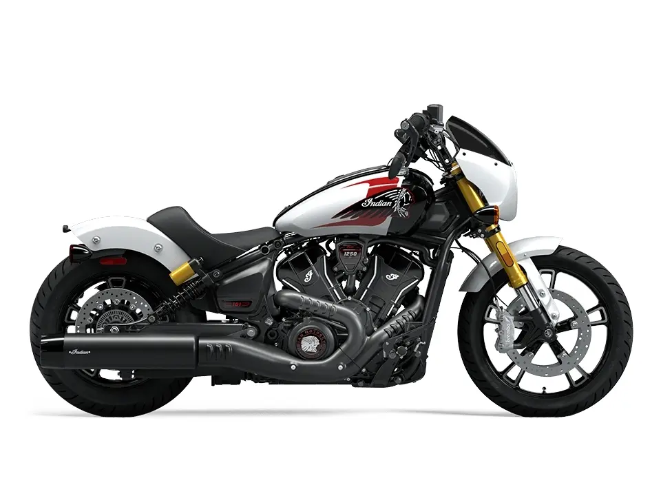 2025 Indian Motorcycle 101 Scout // Ghost White Metallic with Graphics w/ Solo Sidebag & Black Levers
