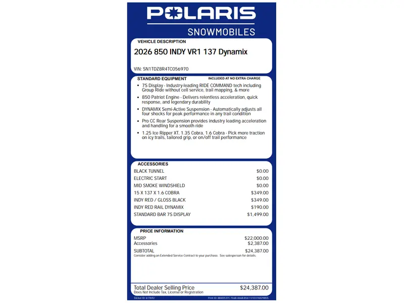 2026 Polaris 850 INDY VR1 137 DYNAMIX EDITION Snowmobile - (ski-doo - bombardier)