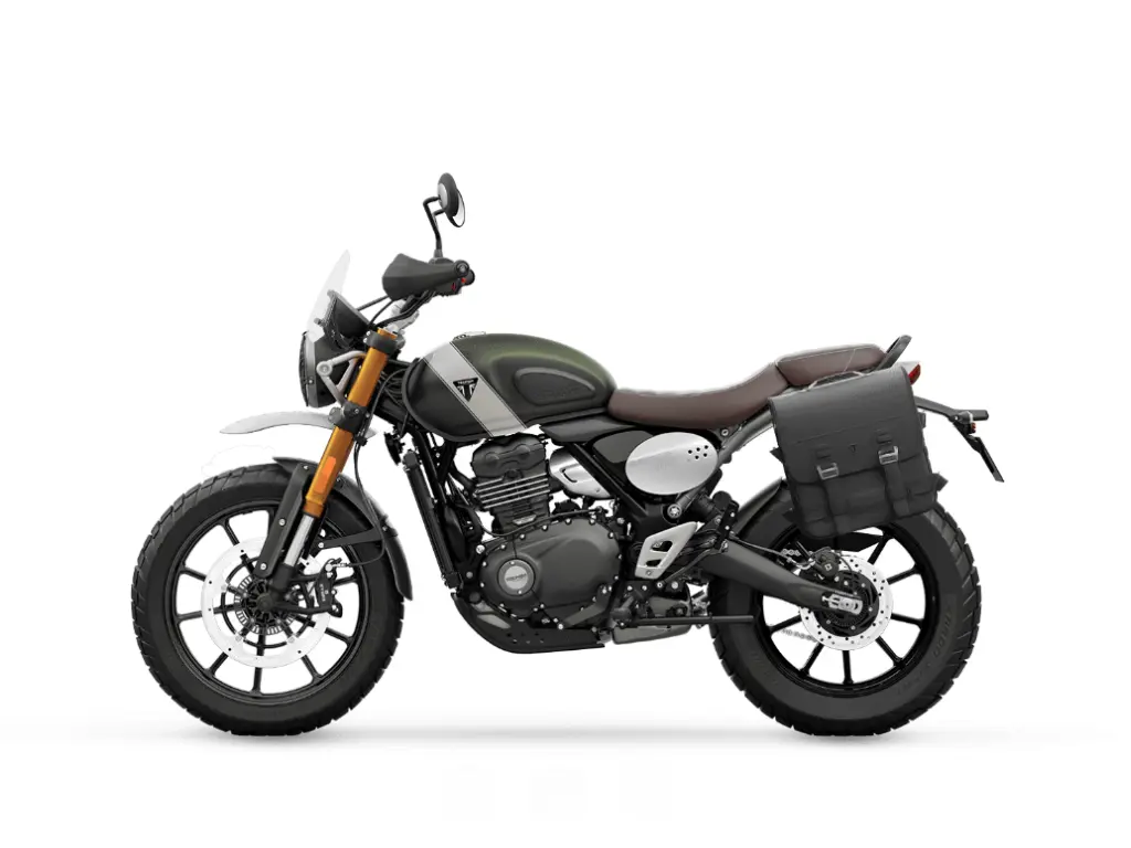 2025 Triumph Scrambler 400 X // Matte Khaki Green/Fusion White - w/ Windscreen, Pannier & High Mudguard