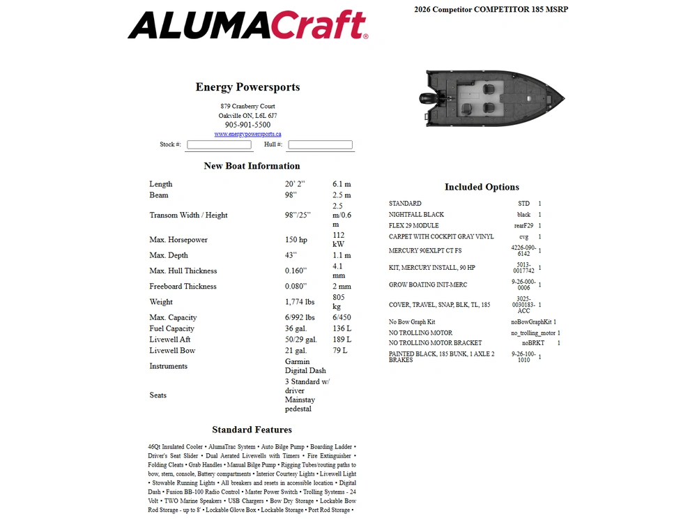 2026 Alumacraft Comp 185x Tiller F29 Shadow Series Cvg alt