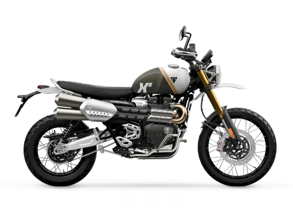2026 Triumph Scrambler 1200 XE // Matte Khaki Green/Matte Crystal White w/ High Mudguard, Engine, Headlight & Radiator Guards, Sidestand Base Extension