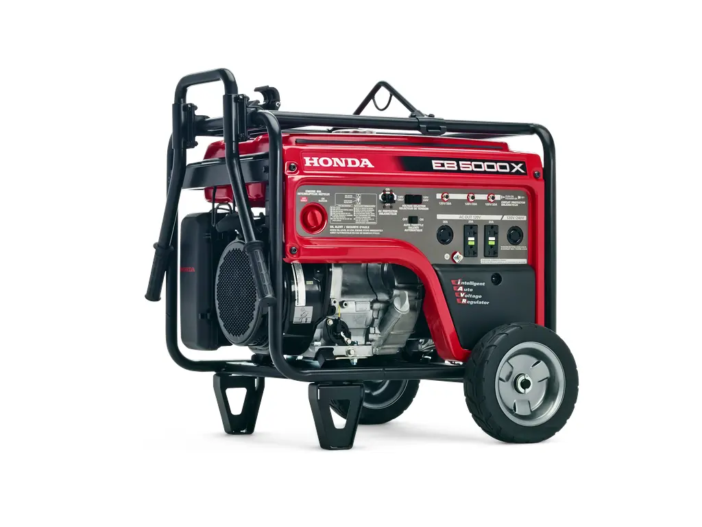 Honda Honda EB5000X3C3 Electric Start (battery included) with Recoil as back-up, Honda-exclusive intelligent AVR (Provides 7,000  watts for 10 secs. to start larger equipment), Dual Voltage, Wheel Kit Std. with Positive Lock Folding 2026