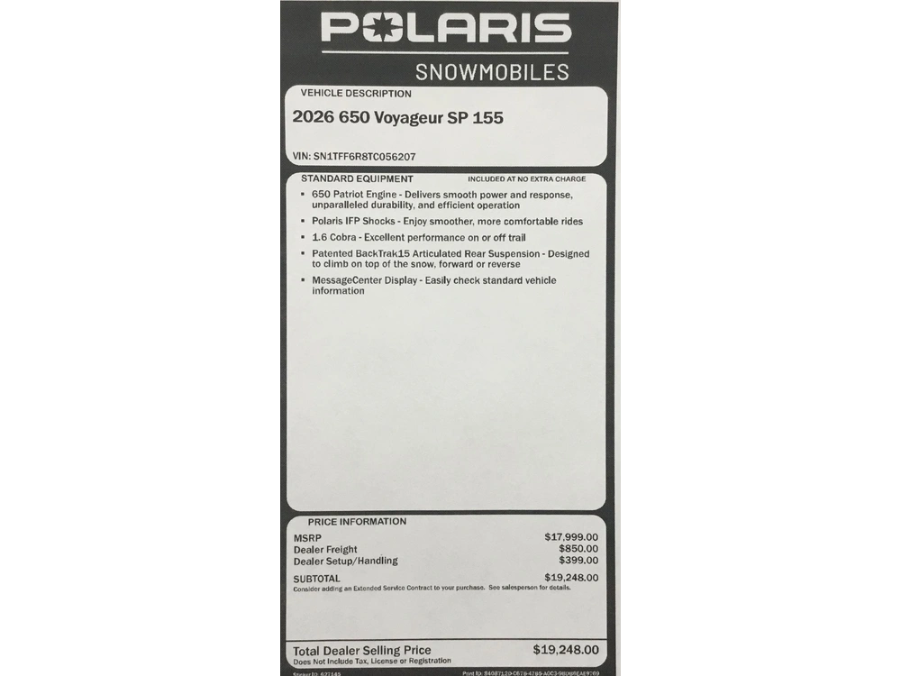 2026 Polaris 650 Voyageur Xc 155
