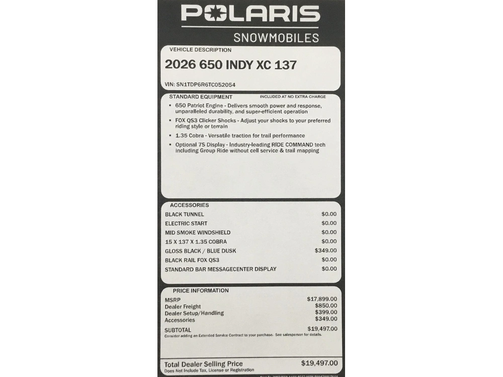 2026 Polaris 650 Indy Xc 137 Gloss