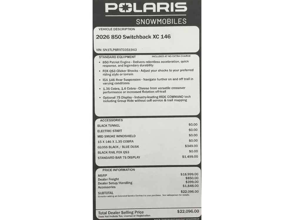 2026 Polaris 850 Switchback Xc