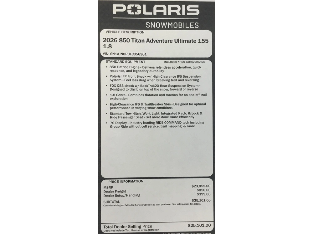 2026 Polaris 850 Titan Adv Ultimate 155 1.8