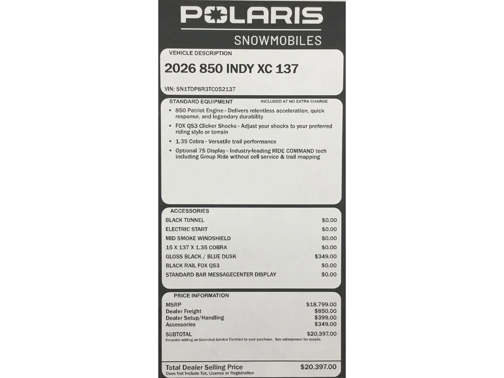 2026 Polaris 850 Indy Xc 137