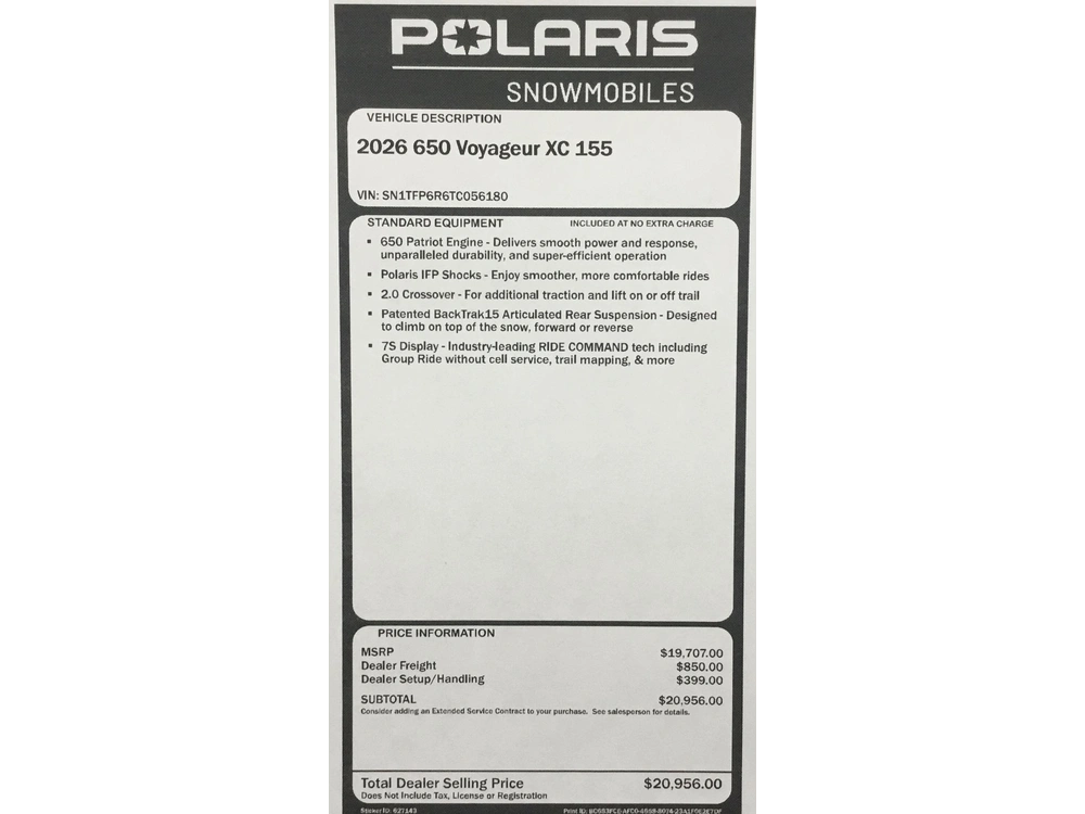 2026 Polaris 650 Voyageur Xc 155