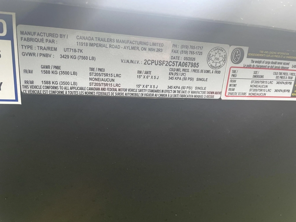 2025 Canada Trailers Ut718-7k alt