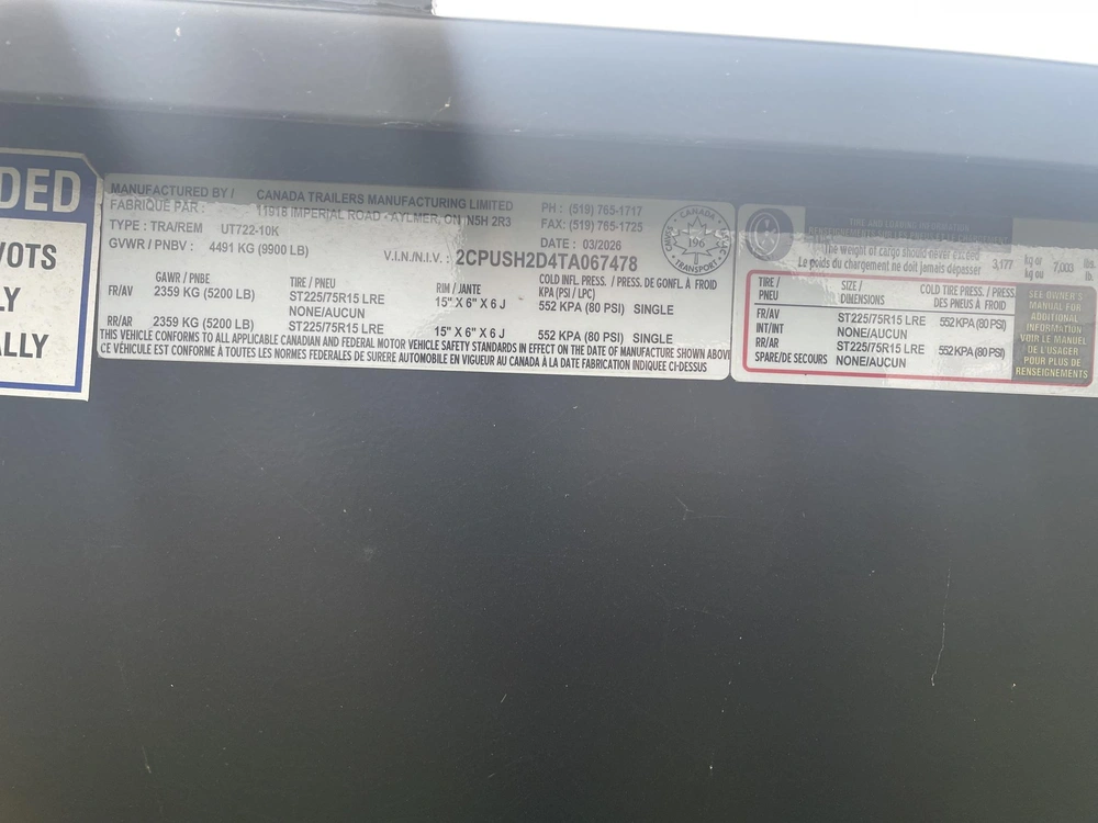 2025 Canada Trailers Ut722-10k alt