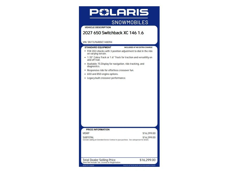 2027 Polaris 650 Switchback Xc 146 1.6 Cobra
