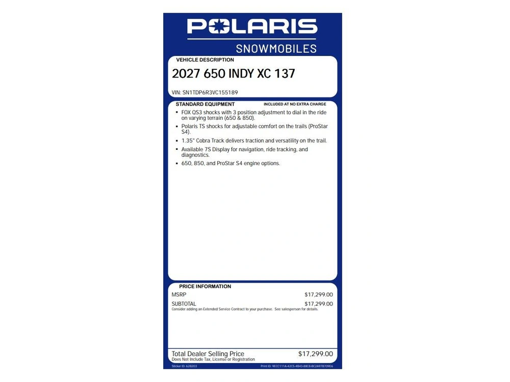 2027 Polaris 650 Indy Xc 137 1.35 Cobra Track 7s Display