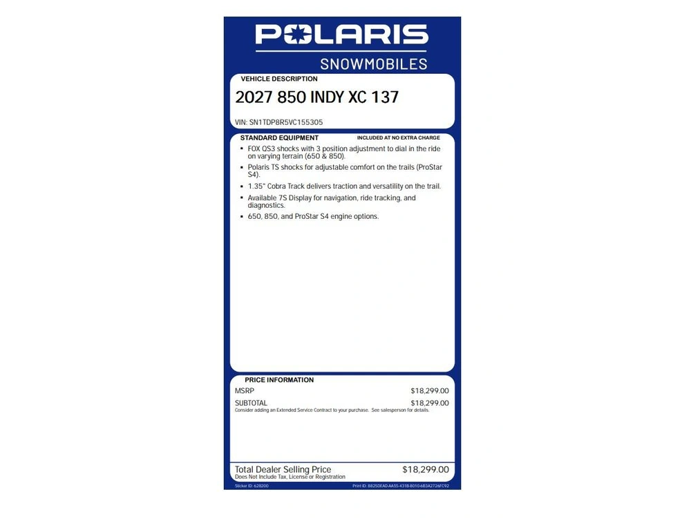 2027 Polaris 850 Indy Xc 137 1.35 Cobra 7s Display