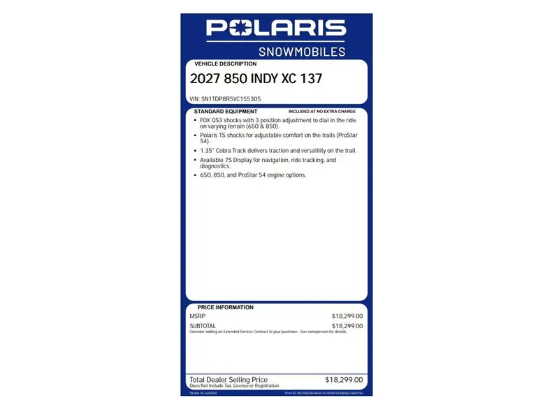 2027 Polaris 850 Indy Xc 137 1.35 Cobra 7s Display
