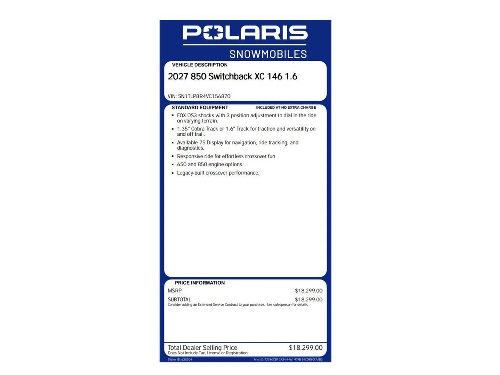 2027 Polaris 850 Switchback Xc 146 1.6 Cobra Track 7s Display
