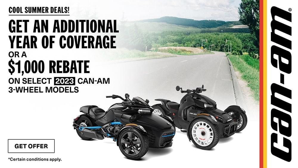Get an additional year of coverage or a $1,000 rebate on select 2023 Can-Am 3-wheel models